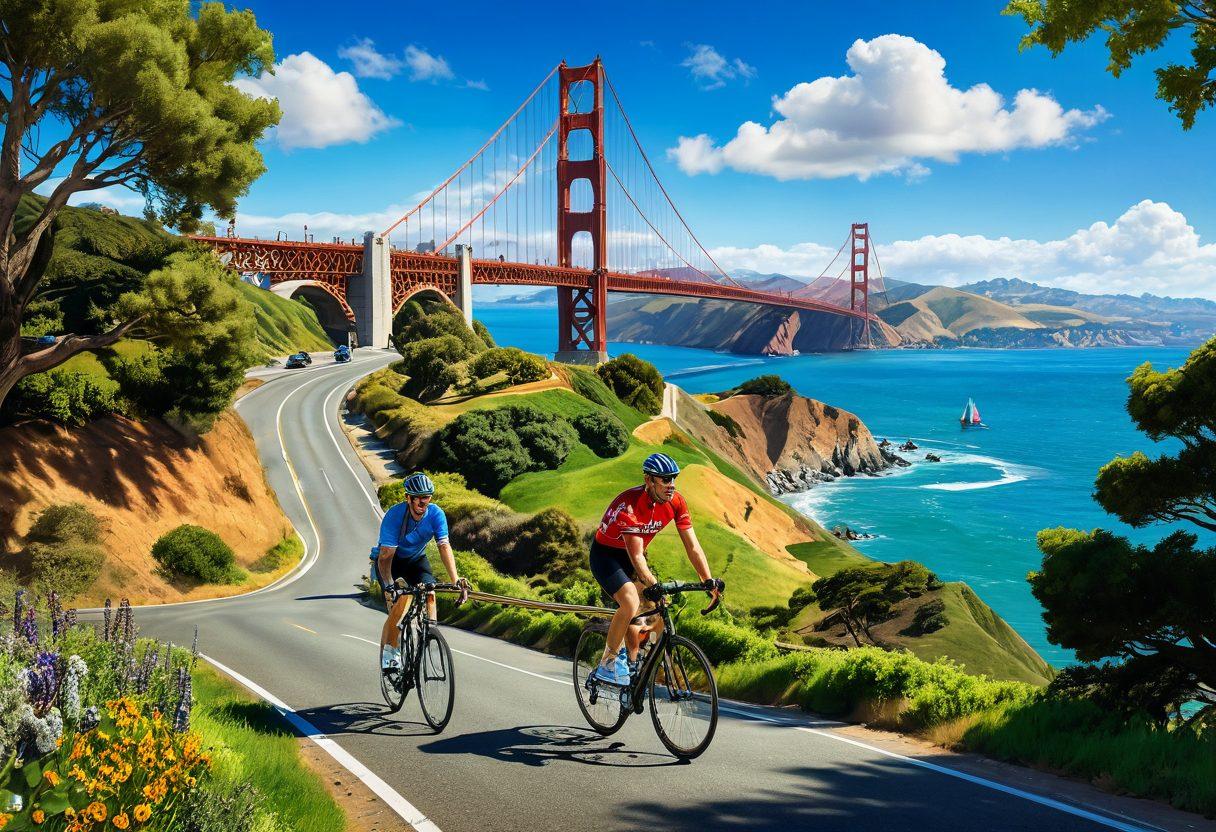 A vibrant landscape of California featuring sun-soaked coastal roads, cyclists joyfully pedaling through scenic vineyards and lush green hills, with big smiles and carefree expressions. Include a brilliant blue sky with fluffy clouds and the Golden Gate Bridge in the background, symbolizing adventure and freedom. super-realistic. vibrant colors. 3D.