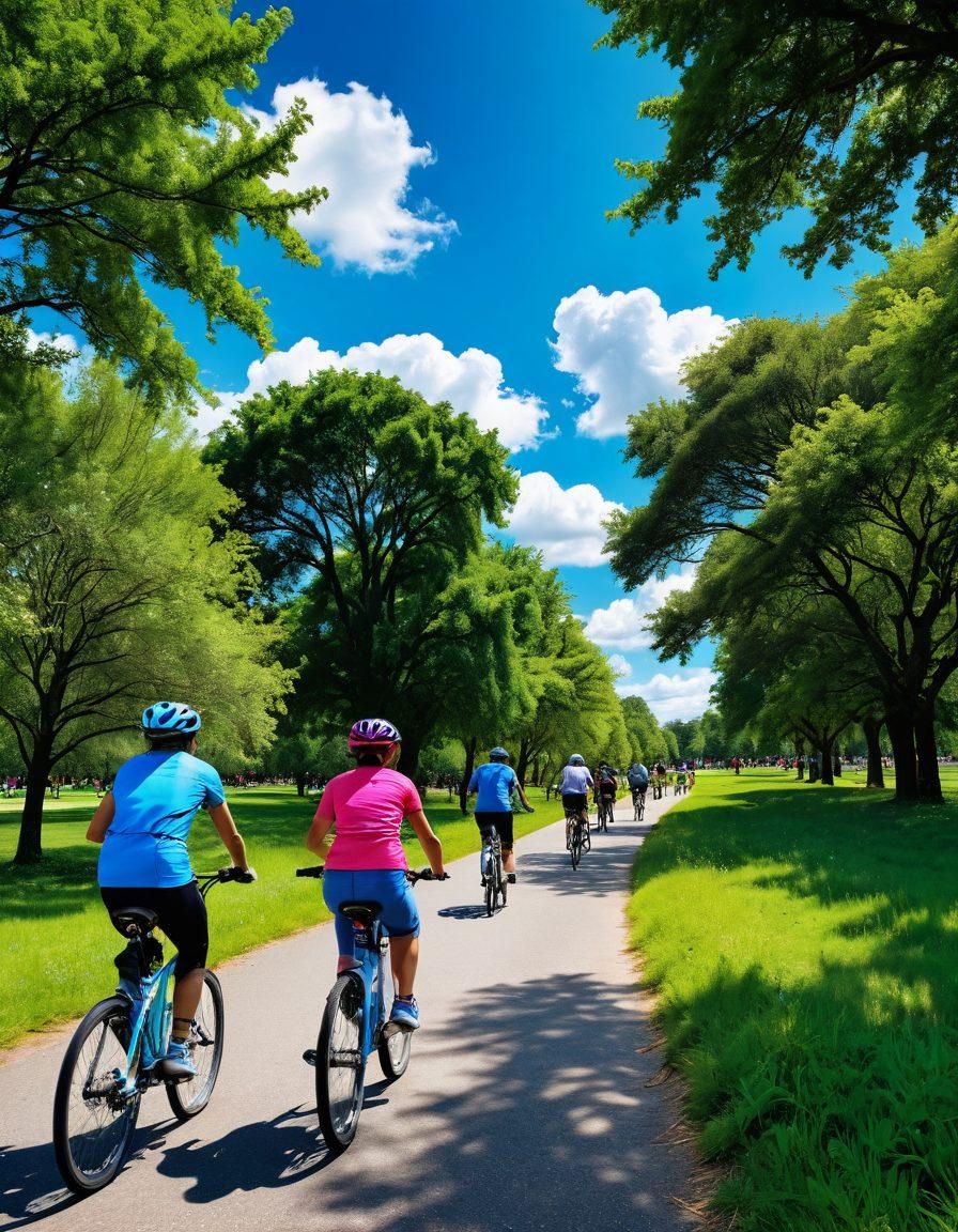 A dynamic scene of diverse cyclists of all ages and ethnicities riding through a lush green park, showcasing eco-friendly bikes. Include a vibrant blue sky with fluffy clouds overhead and trees lining the path to emphasize nature and outdoor activity. Add elements like cheering spectators and community picnic setups in the background to radiate a sense of togetherness and celebration of biking. super-realistic. vibrant colors. 3D.