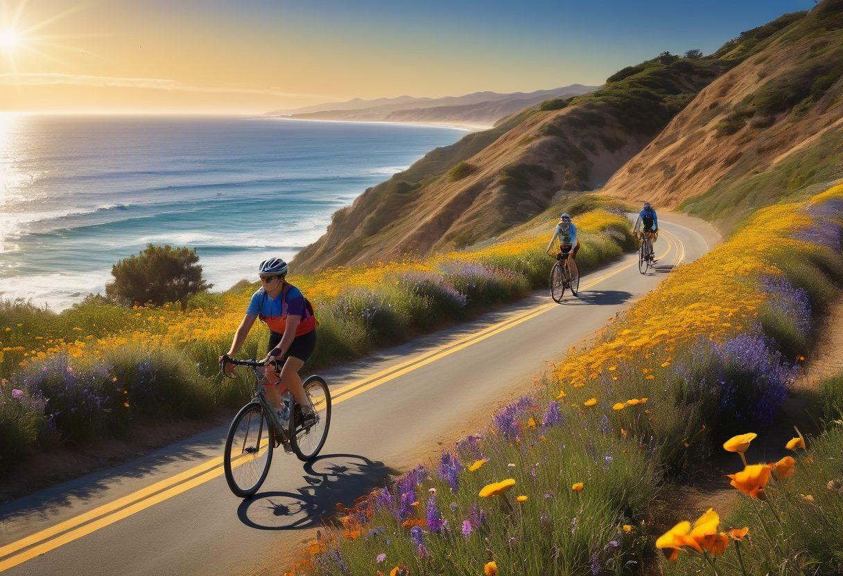 A vibrant landscape of California's scenic cycle paths with happy cyclists riding under a bright blue sky. Show colorful wildflowers alongside the trails and the golden sunshine reflecting off the ocean in the background. Include a diverse group of cyclists wearing joyful expressions and sporty gear, embodying the spirit of adventure and happiness. Illustrate playful butterflies and birds to add to the lively atmosphere. ultra-realistic. bright colors. sunny day.